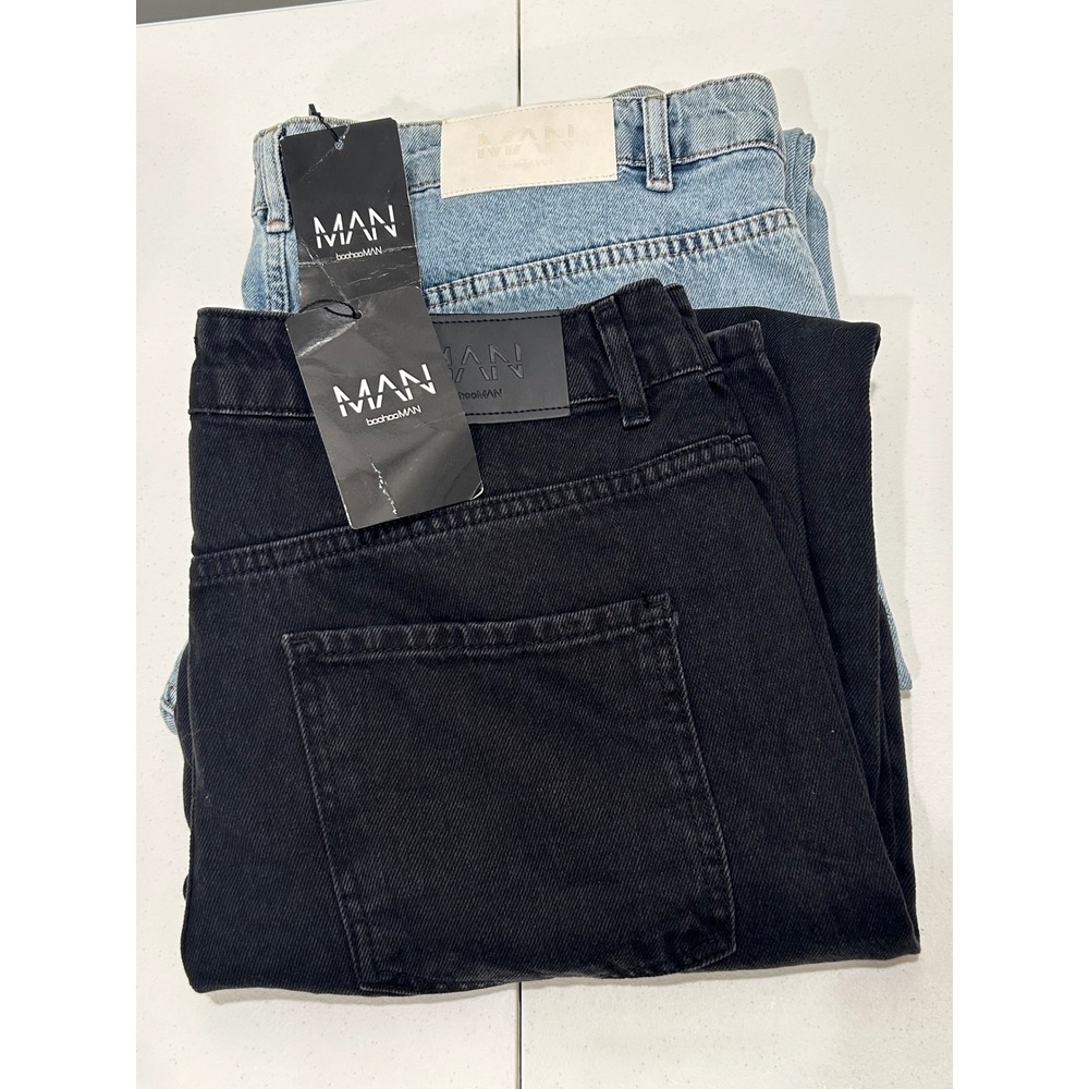 boohooMAN Relaxed Fit Jeans Men 36 Black Blue 2 Pack Bundle Button Fly Denim